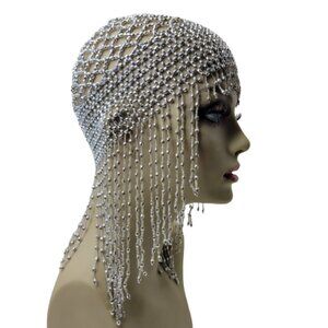 Stretchy Silver Tone Beaded Headpiece Headwear Fancy Dress Costume